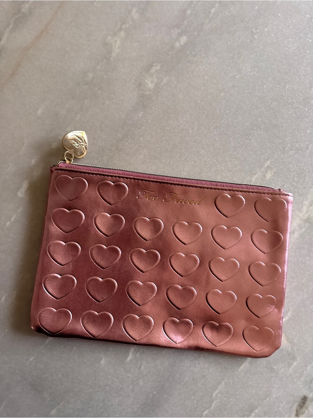 Too Faced Rose Metallic Heart Embossed Cosmetic Pouch - Like New